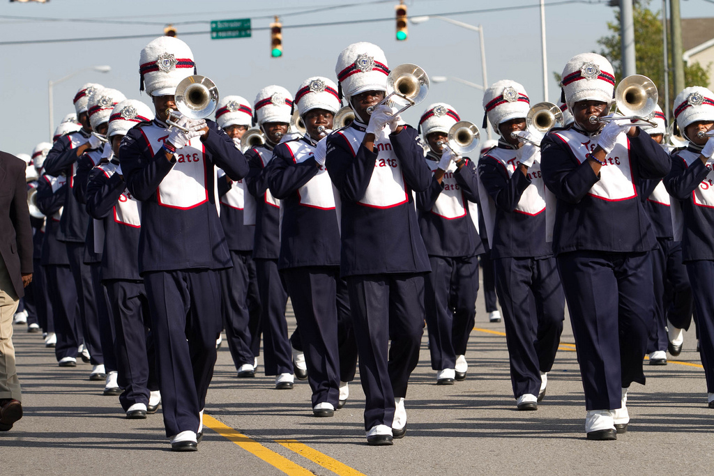 Members of the Aristocrat of Bands march up Ed Temple Boulevard during the 2012 Homecoming Parade. This year the parade returns to its original route beginning at 14th Avenue and Jefferson Street to 33rd Avenue and Albion Street. (photo by John Cross, TSU Media Relations)