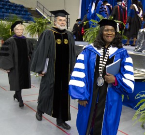 Dr. Glover, accompanied by Chancellor Morgan (center), and Emily Reynolds, Vice Chair, Tennessee Board of Regents, recess the inaugural ceremony at the Gentry Complex Oct. 25. (photo by John Cross, TSU Media Relations)