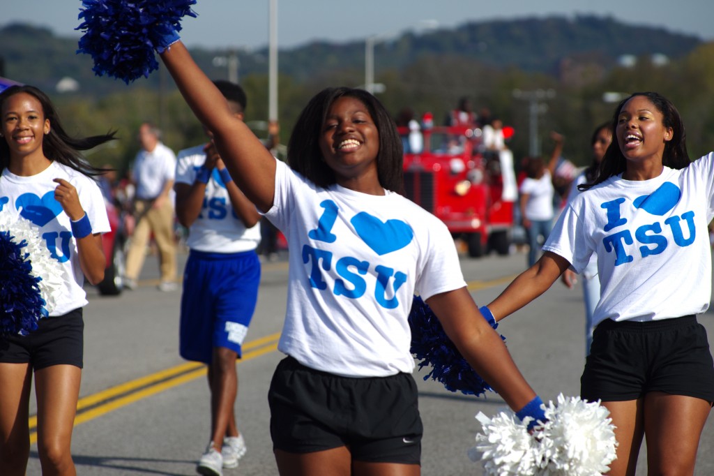 Members of the TSU cheerleading squad march in the 2012 Homecoming parade. This year, the parade returns to Jefferson Street and will begin at 8 a.m. on Saturday, Oct. 26. (photo by Rick DelaHaya, TSU Media Relations)