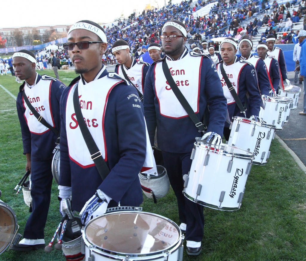 The Tennessee State University Drum Line  performed recently Nov. 9 at the TSU football game in Hale Stadium, and is  among several other major university percussion groups that will present exhibition performances at this year’s Marching Percussion Festival in Indianapolis. (photo by John Cross, TSU media Relations) 