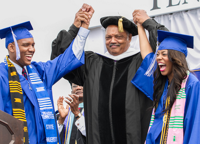 The Reverend Jesse Jackson (center) congratulates Mr. TSU, Sidney Johnson (left) and Miss TSU, Danicia Hays on their successful graduation. Jackson delivered the 101st commencement address to more than 1,200 graduates May 11, 2013 at Hale Stadium. (Photo by John Cross, TSU Media Relations) 