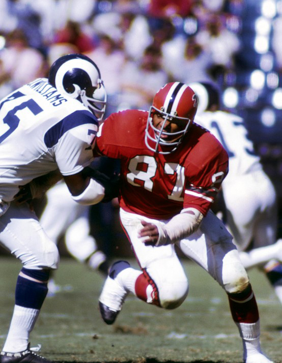 Atlanta Falcons defensive end Claude Humphrey (87) flights of a block by Los Angeles Rams tackle John Williams (75) at Fulton County Stadium. The former TSU standout was selected to the Pro Football Hall of Fame and will be enshrined Saturday, Aug. 2, at Fawcett Stadium in Canton, Ohio.