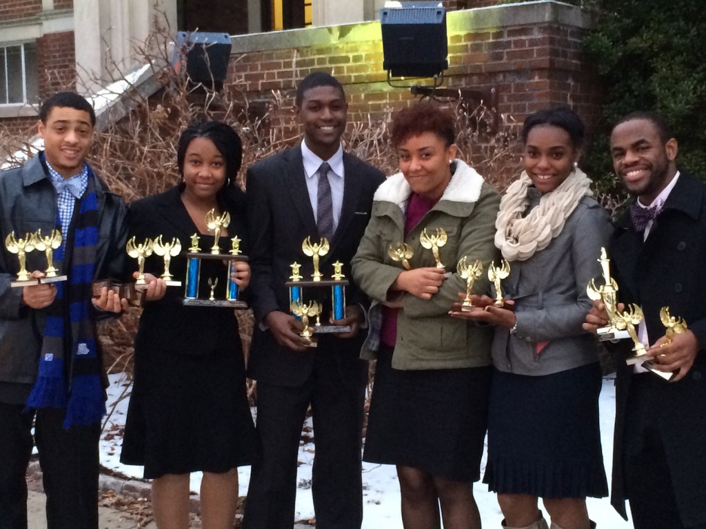 The TSU Forensics Team captured fourth place in the Large Entry Sweepstakes of the MSU Ruby Krider and Alumni Swing Invitational Tournaments Feb. 7-9. The team also captured 18 individual awards during the two-day tournament. Team members included: (Left to Right) Delvakio Brown, Barbra Dudley, Tyler Kinloch, Artrisa Fulton, Janet Jordan, and Michael Thomas (courtesy photo)