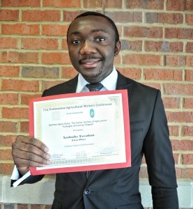 Azubuike Ezeadum won the first place award in the graduate student competition for his oral presentation on "Tennessee meat goat marketing and management practices" at the 71st Professional Agricultural Workers Conference held at Tuskegee University in Alabama. (courtesy photo) 