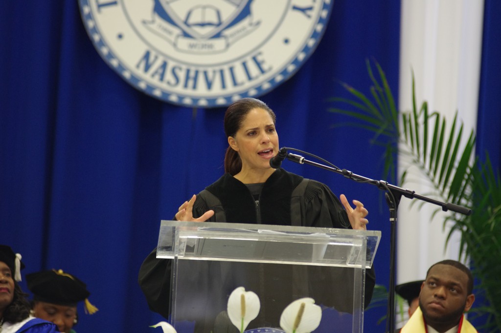 Former CNN anchor and now Al Jazeera America special correspondent Soledad O'Brien, addresses the student body and faculty March 26 during the University Honors Convocation in Kean Hall. Earlier in the day, O'Brien was the featured speaker at the Honors Program 50th Anniversary Luncheon honoring Dr. McDonald Williams, the first Director of the Honors Program. (photo by Rick DelaHaya, TSU Media Relations)