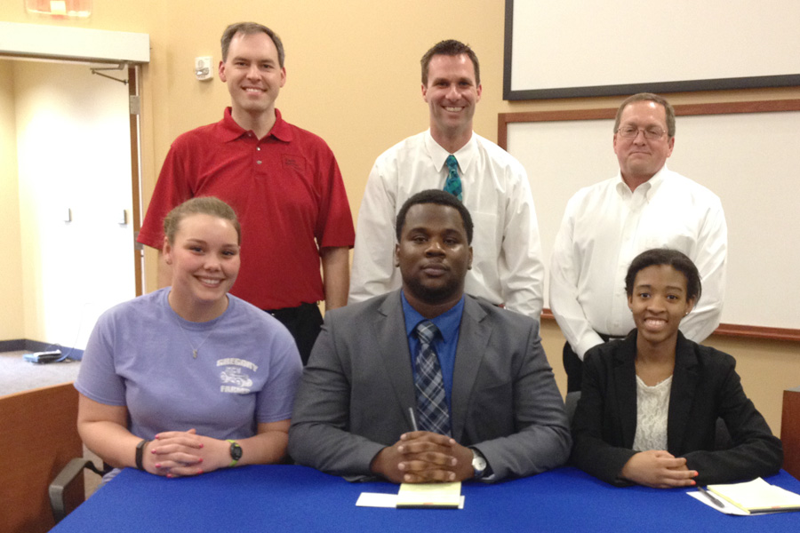 From left (front row) Agricultural Science majors Rachel Gregory, Rickey Jackson, Leah Symonnette won top prizes at the first Farm Bureau Collegiate Discussion Meet organized by TSU. Standing, from left, are Dan Strasser, of the Tennessee Farm Bureau; Dr. John Hall, coordinator of the TSU event; and Randy Abrams, also of the Farm Bureau. (courtesy photo) 