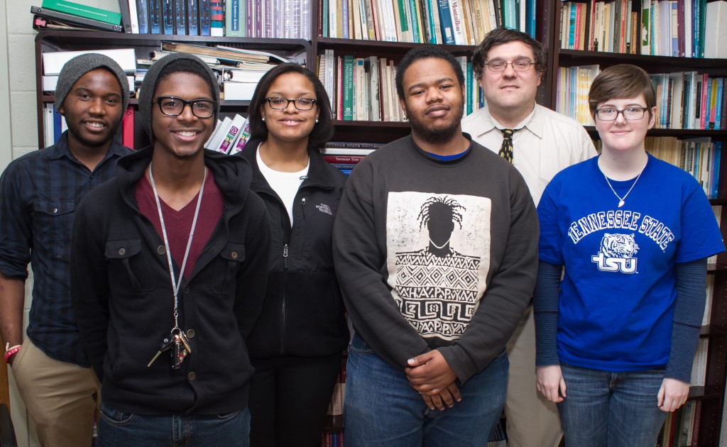 A team of students from Tennessee State University will compete against 47 other teams from across the country in the Honda Campus All-Star Challenge National Championship April 12-16 in Torrance, Calif. Members of the team include: (left to right) Brandon Bartee, Maurice Henderson II, Adriann Wilson, Joseph Patrick, Dr. John Miglietta, and Aurora Garvin. (photo by John Cross, TSU Media Relations)