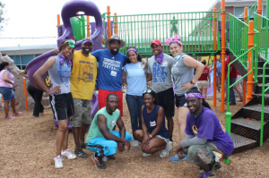 TSU student-athletes, coaches and administrators joined forces with KaBOOM!, Music City Giving and many other community members to build a playground at Grace M. Eaton Child Care Center June 20. More than 300 volunteers were on site to help build the new structure including (L-R standing)  LaTessa Hickerson, Marc Anthony Peek, Daniel Fitzpatrick, Chocez Howard Cane, Jalon McCutcheon, Tua Reilly; and (L-R Kneeling) Mark Lollis, Andrea Fenderson, Gary Mays
