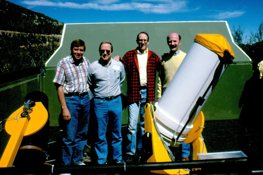 Busby and Tennessee State University astronomer Greg Henry join Vanderbilt astronomers Douglas Hall and Frank Fekel in March 1989 at the robotic telescope site in the mountains of southern Arizona.  TSU's automated astronomy research program began as a collaborative effort with Vanderbilt astronomers to study a mysterious new class of variable stars with the robotic telescope on the right.  TSU now owns and operates 8 robotic telescopes at the Arizona site. (courtesy photo)