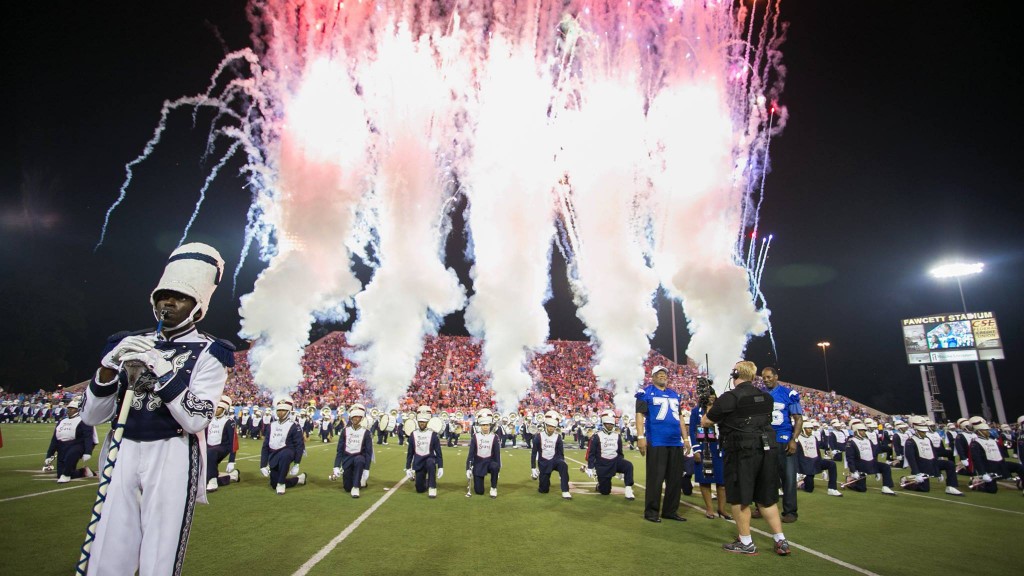 Tennessee State University's Aristocrat of Bands performance concluded with a tremendous fireworks display during the Pro Foot Ball Hall of Fame Game at Fawcett Stadium in Canton, Ohio, on Sunday, August 3. Hall of Fame inductee Claude Humphrey was on the sidelines for the show. (photo by John S. Cross, TSU Media Relations)