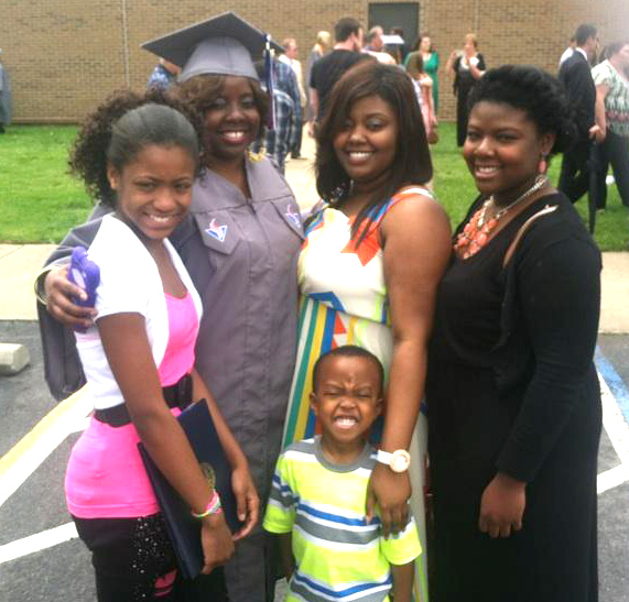 Shaconya Freeman, with her children and godson following her graduation with an associate’s degree from Volunteer State Community College, has been admitted into the TSU online sociology program this fall. (courtesy photo)