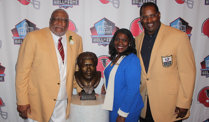 TSU President Glenda Glover (center) welcomes TSU great Claude Humphrey (left)  to the NFL Hall of Fame Saturday, Aug. 2.  Humphrey is the second TSU Tiger enshrined into the Hall, including Richard Dent (right) Class of 2011. (photo by Emmanuel Freeman, TSU Media Relations) 