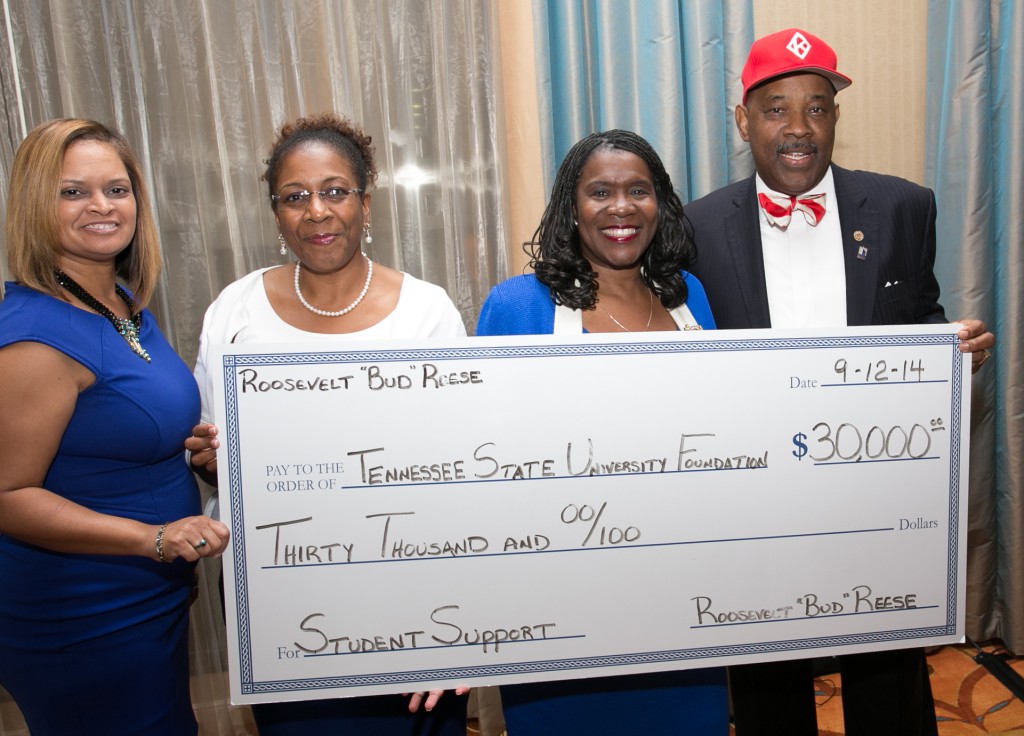 President Glover, joined by Director of Alumni Relations, Cassandra Griggs, left; and Betsy Jackson, Director of University Foundation, receive a check for $30,000 from Roosevelt Bud Reese as his personal donation to Tennessee State University for student support. (photo by John Cross, TSU Media Relations)