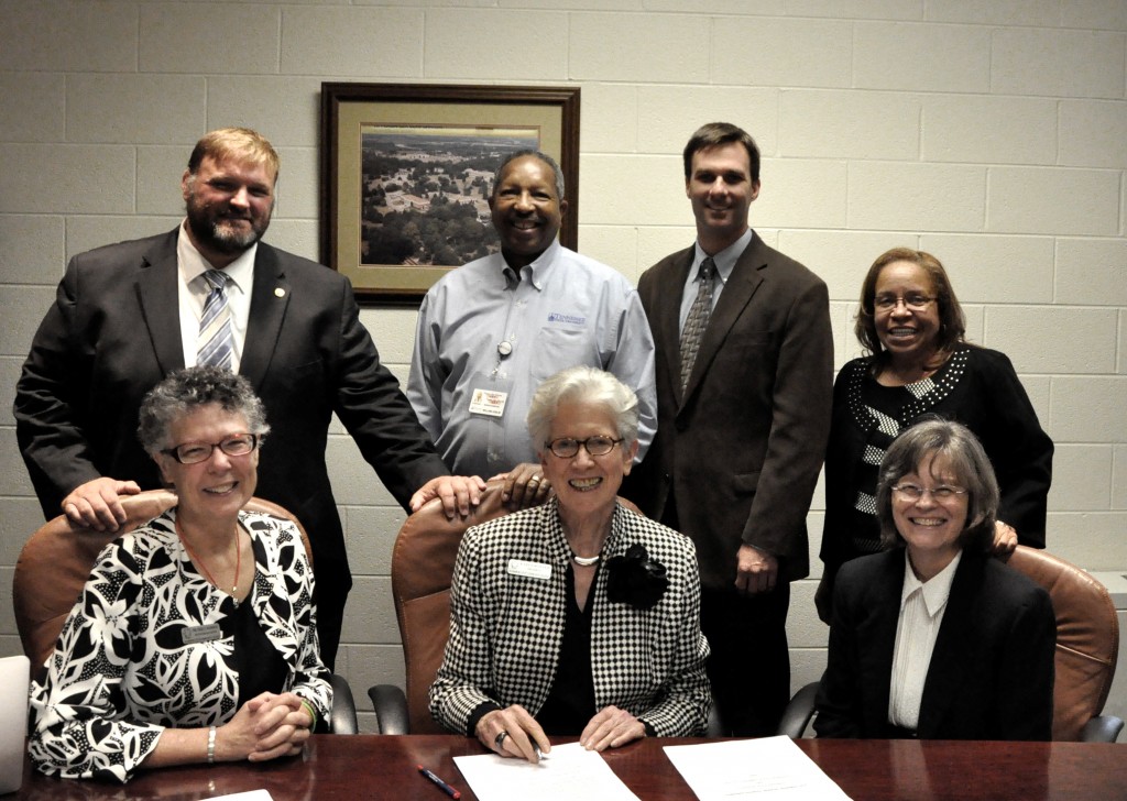 Staff from TSU and DSCC were present Oct. 15 to sign a Reverse Transfer and Dual Admission agreement between the two  institutions, including: (seated) Dr. Teri Maddox, Interim Vice President, DSCC; Dr. Karen Bowyer, President, DSCC; Dr. Kay Patterson (standing) Dr. John Ricketts, program leader in Agriculture Education, Associate Professor; Mr. William Joslin, Site Coordinator, Department of Community College Initiatives; Dr. John Hall, Associate Professor of Agriculture & Leadership Education; Dr. Sharon Peters, Executive Director of Community College Initiatives. (courtesy photo) 