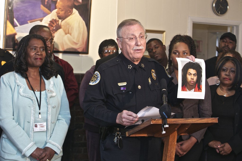 Metro Police Chief Steve Anderson announces the identification of De'Mario Fisher as the prime suspect in the attempted robbery and shooting of an 18-year old TSU student Friday, as president Glenda Glover and community leaders look on. (photo by John Cross, TSU Media Relations)  