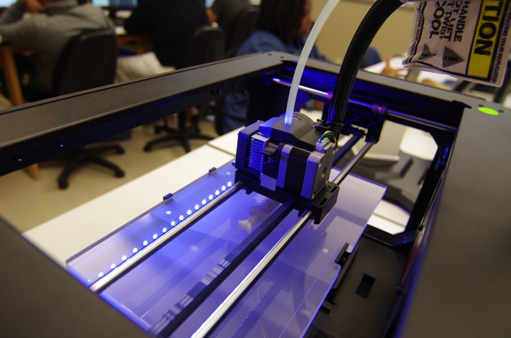 Researchers at Tennessee State University are using state-of-the art technology, such as this new 3-D printer, to develop educational course content and research projects. TSU acquired the printer as part of a three-year Capacity Building Grant from the U.S. Department of Agriculture to investigate the impacts of urbanization on rural communities and agriculture operations in Williamson County, Tennessee. (photo by Rick DelaHaya, TSU Media Relations)