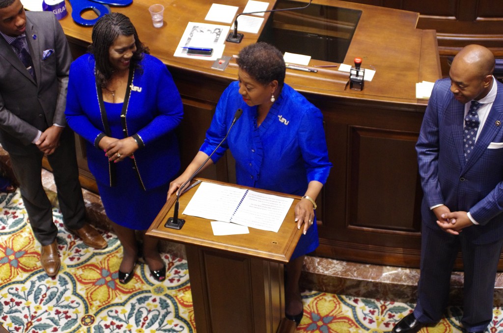 State Representative Brenda Gilmore, (center) welcomes TSU President Glenda Glover (left) and the University to the Capitol for "TSU Day at the Capitol" while Representative Harold Love Jr., looks on. 