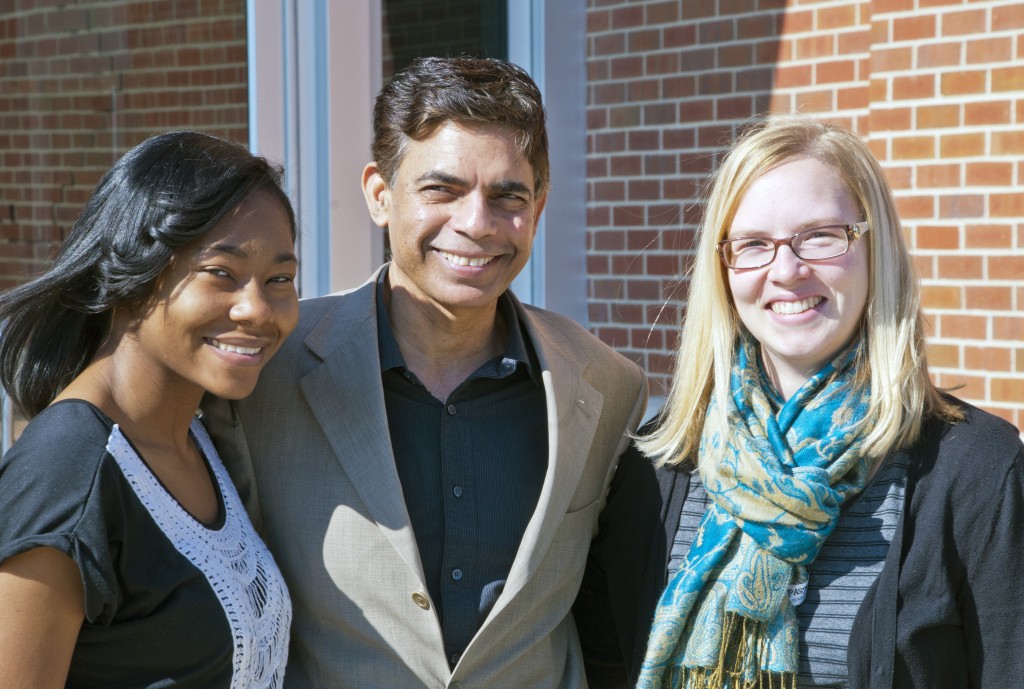 Alexis Allen (left), a junior concentrating in Agribusiness, and Alison Leathers (right), a graduate student concentrating in Agricultural Education, Leadership & Extension, share a moment with Dr. Chandra Reddy, dean of the College of Agriculture, Human and Natural Sciences, upon the USDA announcement sending the pair to Virginia. Allen and Leathers  are among only thirty students selected from across the country to attend the USDA’s 2015 Agricultural Outlook Forum. 