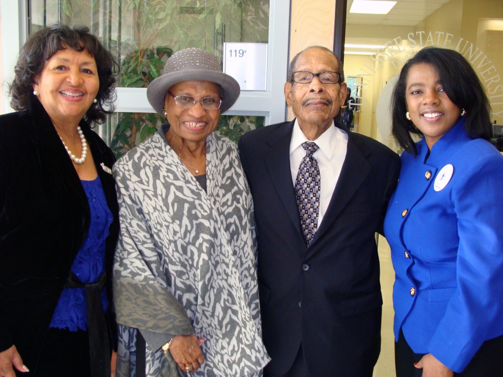University Honors Program founder, Dr. McDonald Williams (third from left) recently returned to campus to attend the Presidential Inauguration and to meet with current honors students. Joining his visit was (L-R) Dr. Sandra Holt, the fourth director of the program, Williams' wife, Dr. Jaime Williams, and Dr. Coreen Jackson, current director of the program. (photo by John Cross, TSU Media Relations) 