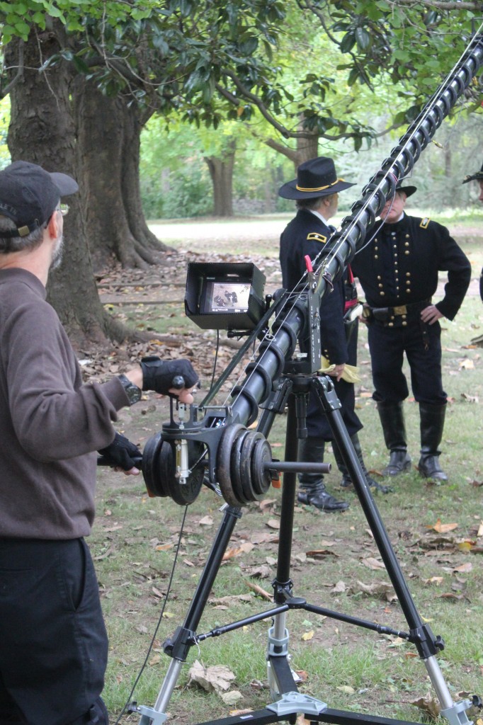 Mark Schlicher (left), operates a camera jib during the filming of Voices of War, a documentary about life at Travellers Rest Plantation during the Civil War. PAC House Productions at Tennessee State University produced the 20-minute documentary that will debut Nov. 23 at the museum. (courtesy photo) 