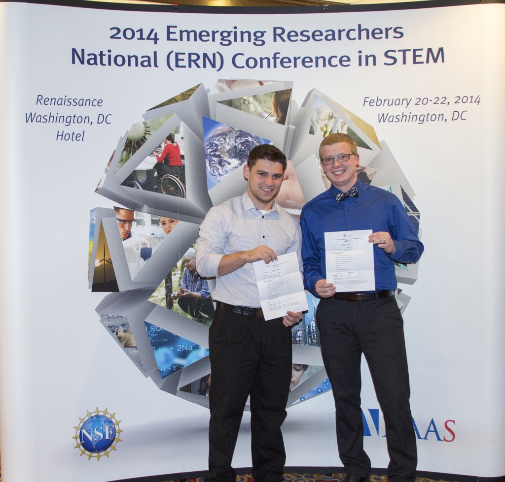 Waled Tayib, a senior, left, received second place award, while Daniel Henke, a junior, took first place in the undergraduate oral and poster presentation at the Emerging Research National Conference in Washington, D.C.  The students are both Electrical and Computer Engineering majors. (courtesy photo)