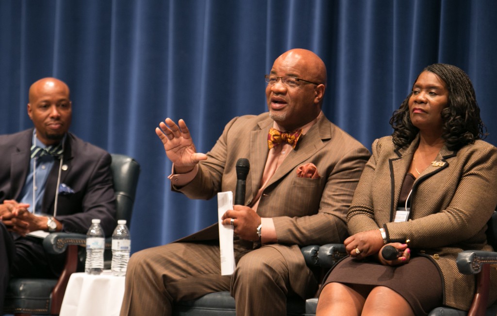 Dr. Kevin D. Rome, of Lincoln University, left; Dr. William B. Bynum, of Mississippi Valley State University; and Dr. Glenda Baskin Glover say non-minority institutions should take a lesson from HBCUs on how they are coping in the face of limited resources. The university presidents joined forces to discuss the question of relevancy of HBCUs and whether they can embrace the culture of diversity and continue to play a key role in the nation’s higher education landscape. (photo by John Cross, TSU Media Relations) 